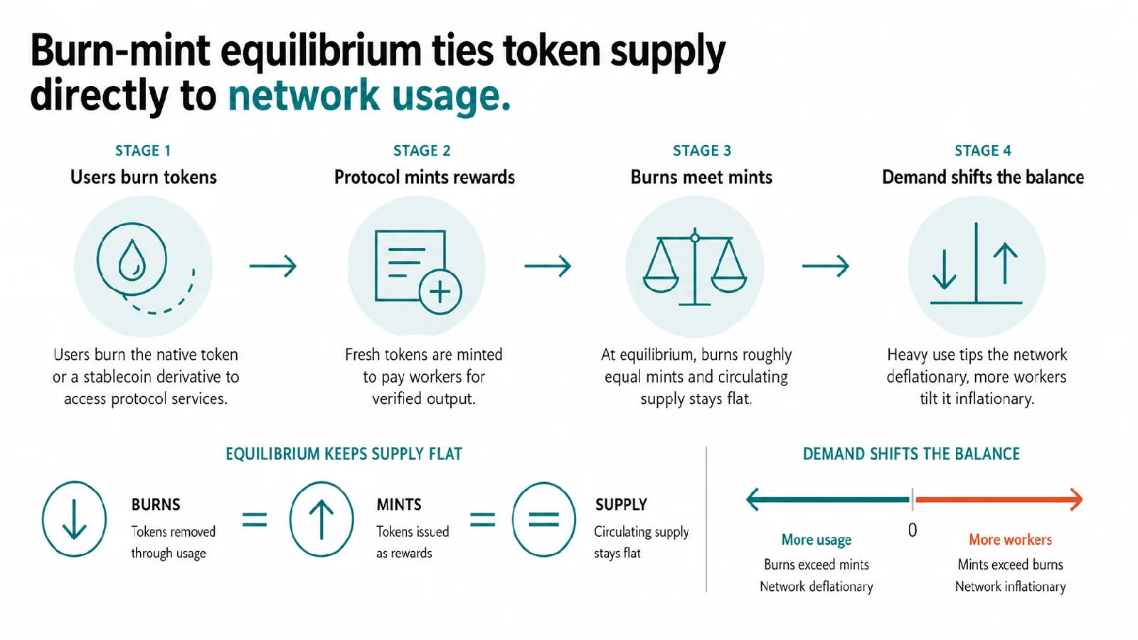 Burn-mint equilibrium diagram showing four stages: users burn tokens, protocol mints rewards, burns meet mints at equilibrium, and demand shifts the balance