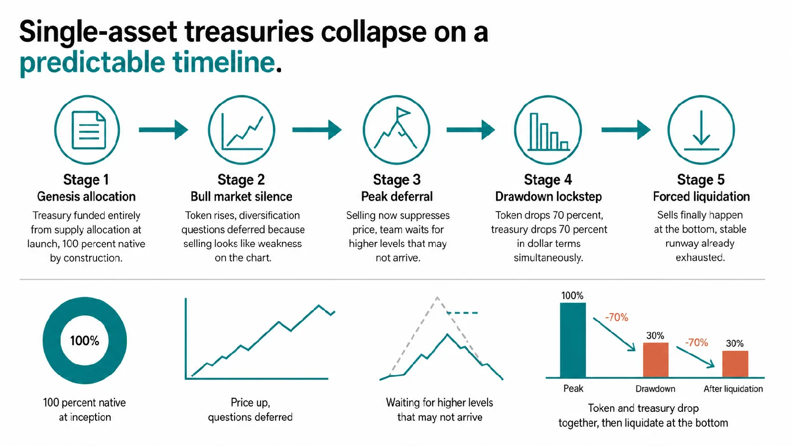 Five-stage timeline showing how single-asset treasuries collapse, from genesis allocation through forced liquidation