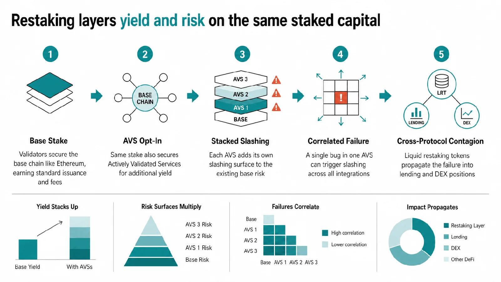Five-step diagram of restaking: Base Stake, AVS Opt-In, Stacked Slashing, Correlated Failure, Cross-Protocol Contagion, with summary panels showing how yield stacks linearly while risk stacks correlatively