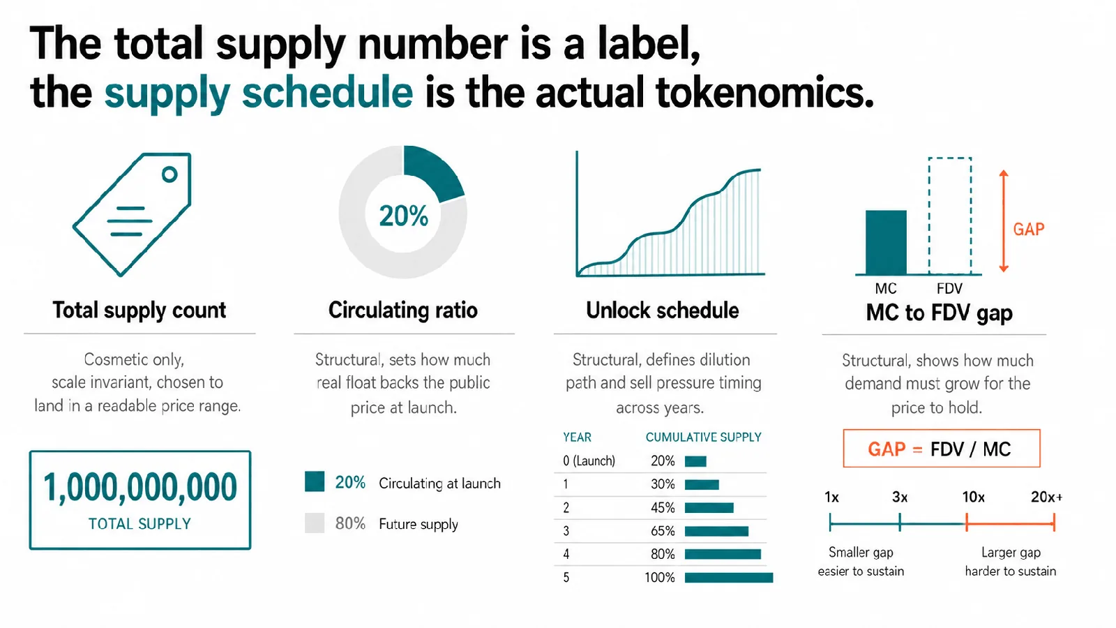 Four-panel breakdown contrasting cosmetic and structural elements of token supply: total supply count is cosmetic and scale-invariant, while circulating ratio, unlock schedule, and the market-cap-to-FDV gap are the structural elements that actually drive token economics