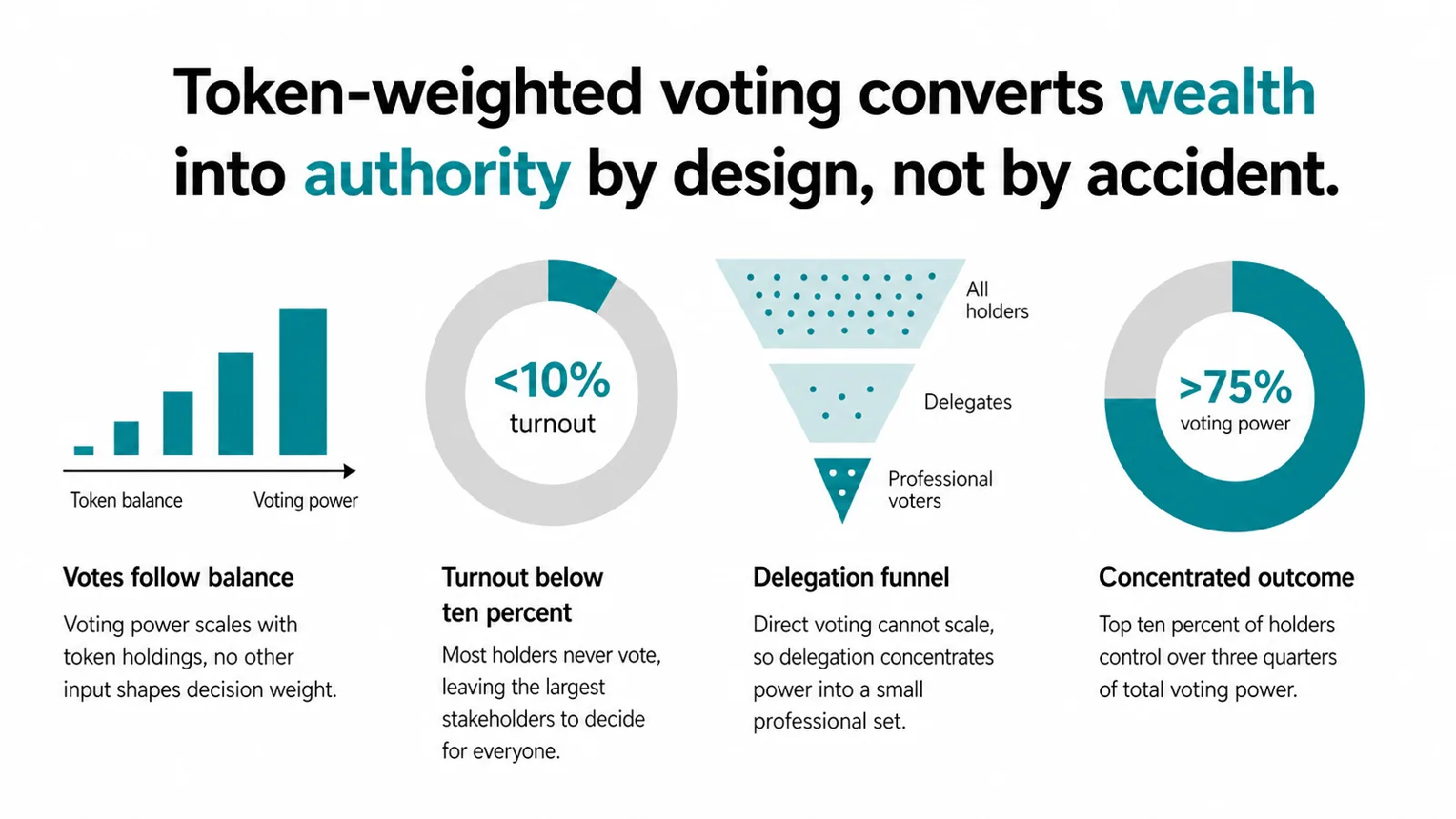 Infographic showing how token-weighted voting concentrates DAO governance power, with Gini coefficients between 0.97 and 0.99 across major DeFi DAOs