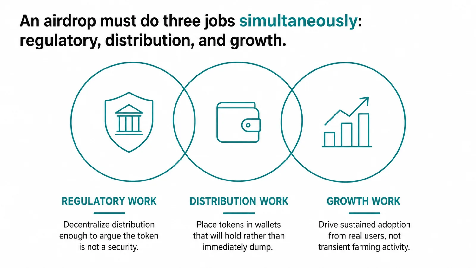 Three overlapping circles showing the regulatory, distribution, and growth work an airdrop must do simultaneously