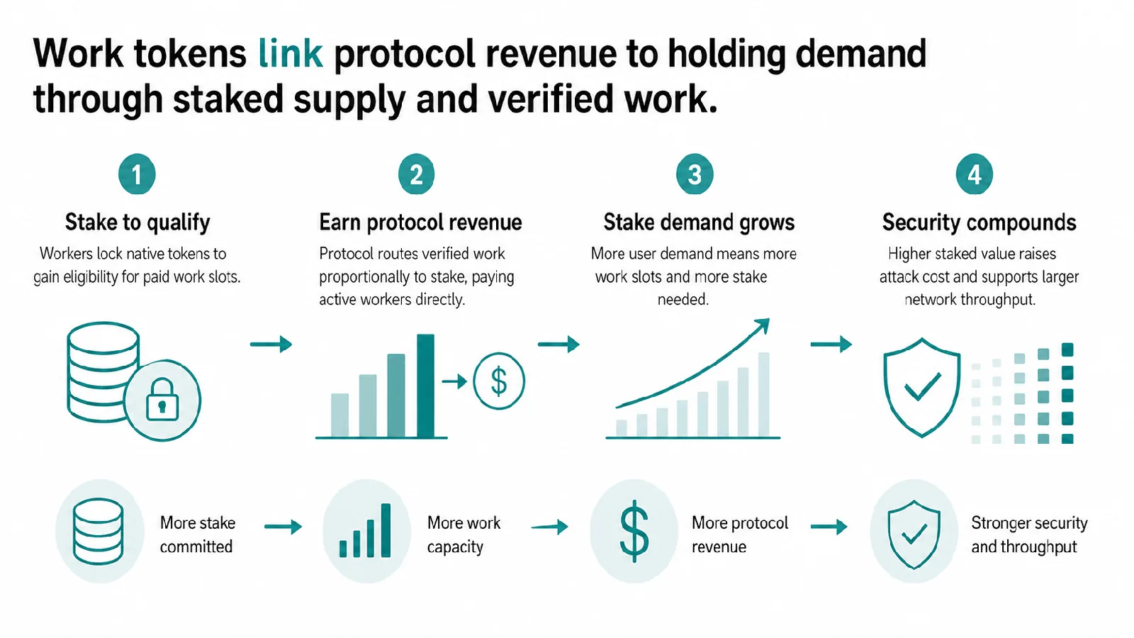 Work token economic loop: workers stake to qualify for paid work slots, earn protocol revenue, stake demand grows with usage, security compounds as staked value rises